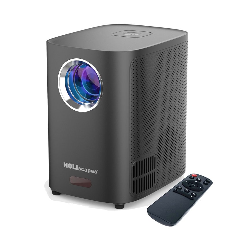 Dark gray HoliScapes LED projector with a black remote control