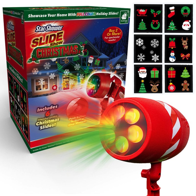 Star Shower Slide Show Christmas box beside the red lawn-stake light and six slides with Christmas icons