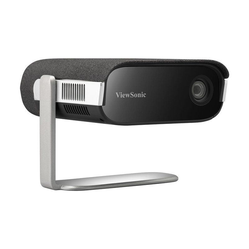 ViewSonic M1X portable projector in black and gray on its silver metal stand