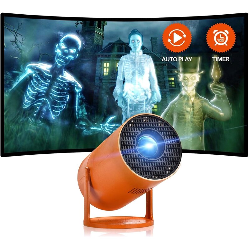 AAXA HP Halloween Projector in orange on a swivel stand in front of a screen showing ghostly figures