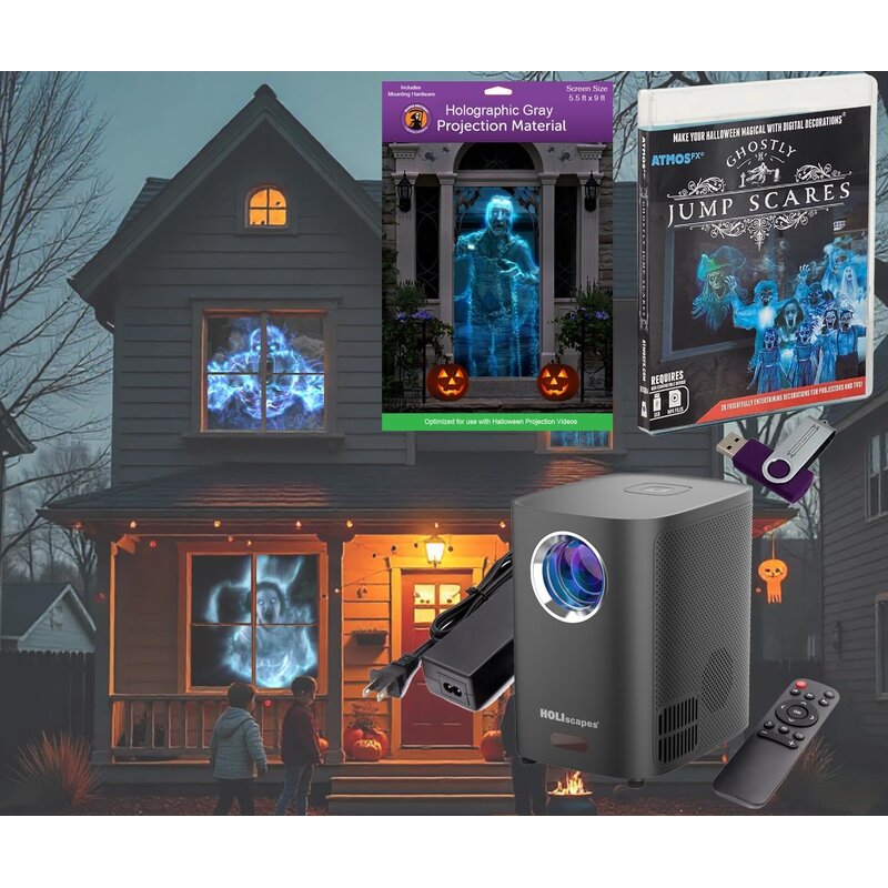 HoliScapes Ghostly Jump Scares kit with projector, remote, USB stick, gray screen pack and a house showing ghosts in its windows