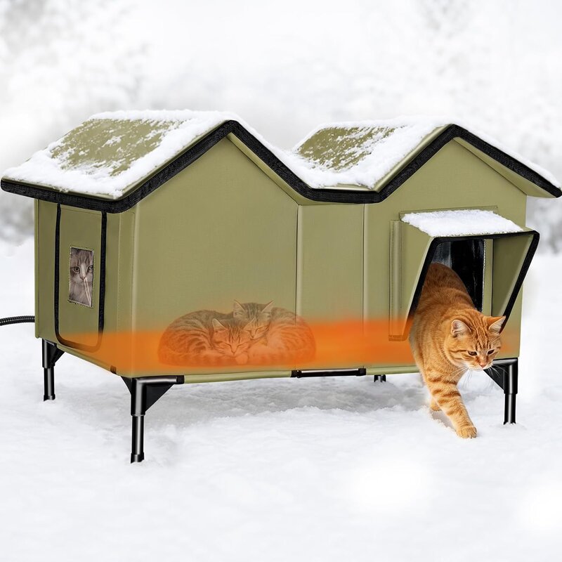 HXPLN large heated outdoor cat house with twin roof on a raised metal frame in snow