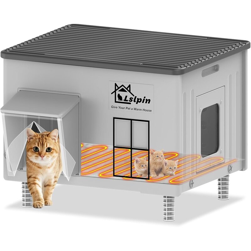 Lslpin large heated cat house with gray plastic shell, raised feet and escape door