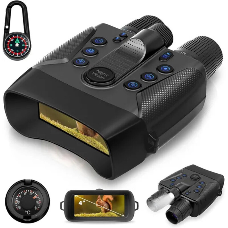 Black digital night vision binoculars with a 4-inch screen, compass and accessories
