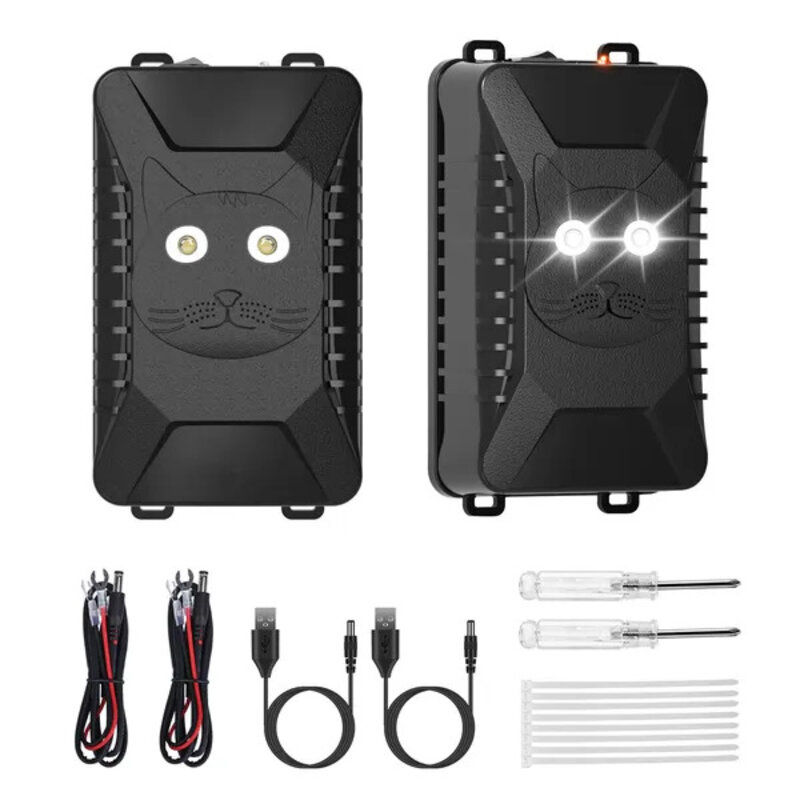 Two Depoodeal under-hood ultrasonic rodent repeller units with flashing LEDs, power cables, USB cables, screwdrivers and cable ties