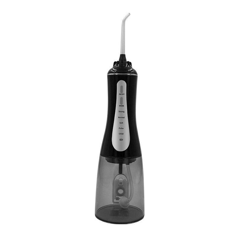 Black cordless water flosser with a clear water tank