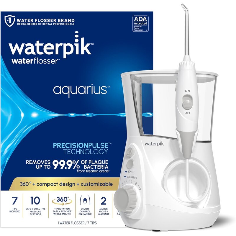 Waterpik Aquarius WP-660 countertop water flosser with its retail box