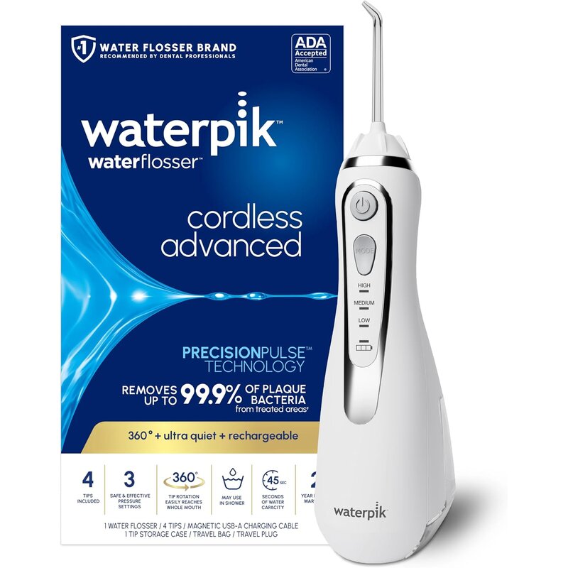 Waterpik Cordless Advanced water flosser in white with its retail box